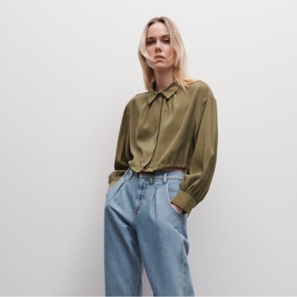 Zara Crop Button Down Shirt with Drawstring - Olive - Picture 2 of 14